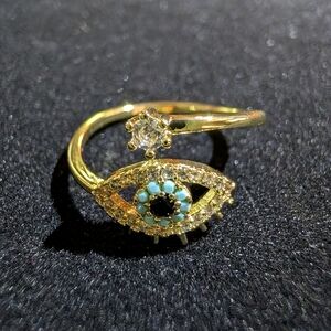 Adjustable Gold Colored Evil Eye Ring W/ Turquoise and Black Accents Wrap Design